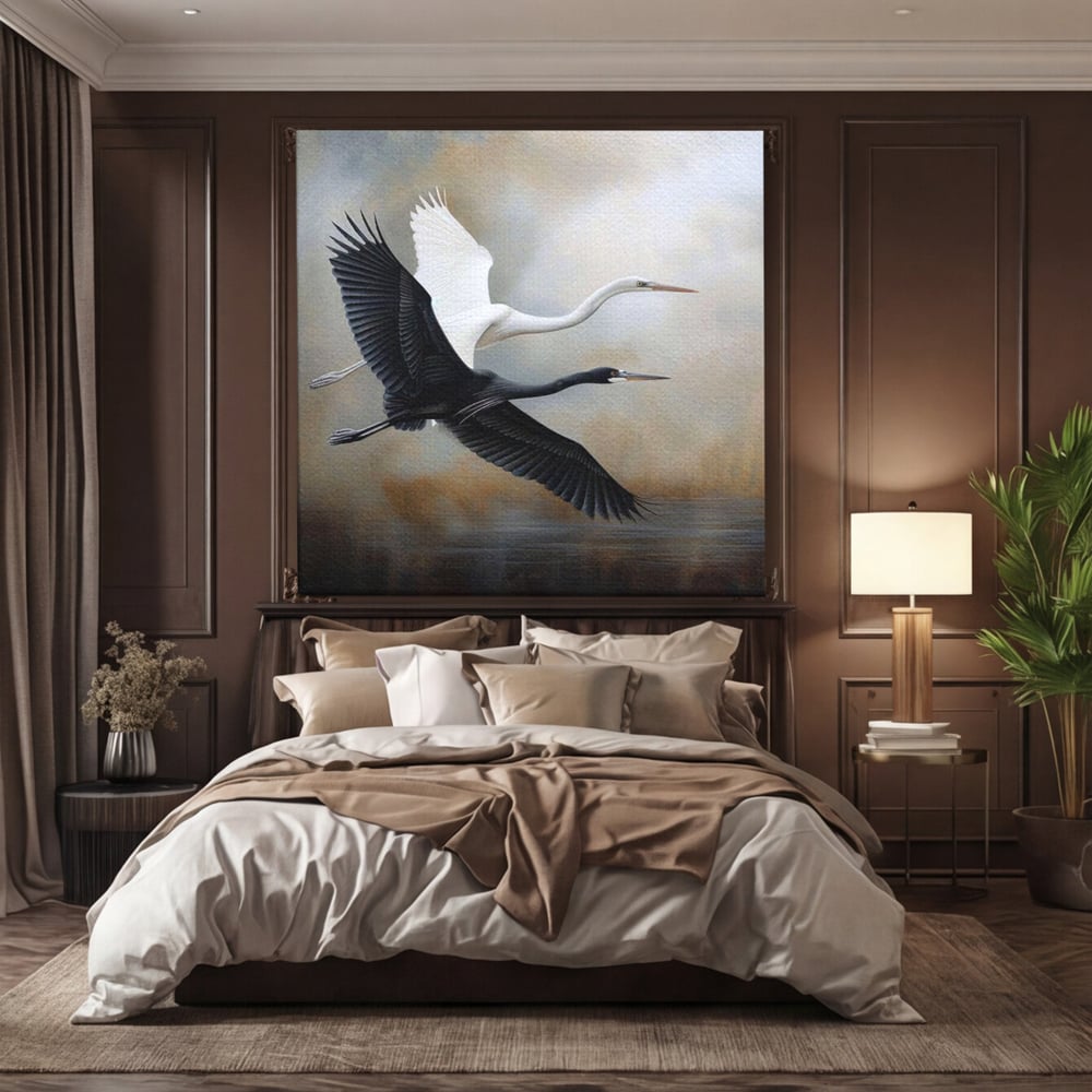 Tablou canvas cu tablou canvas cu doua pasari in zbor, fara rama, pe sasiu de lemn, pe perete intr-un dormitor